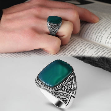 Green Aqeeq Filigree Ring