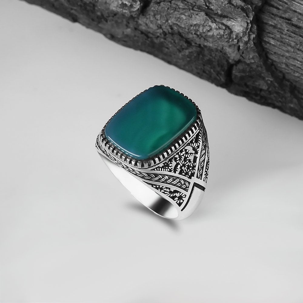 Green Aqeeq Filigree Ring