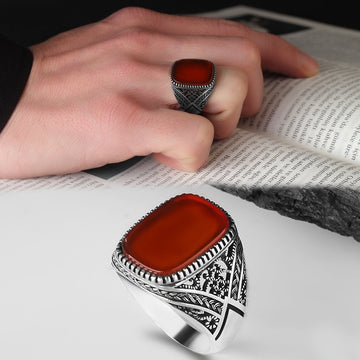 Red Agate Filigree Ring