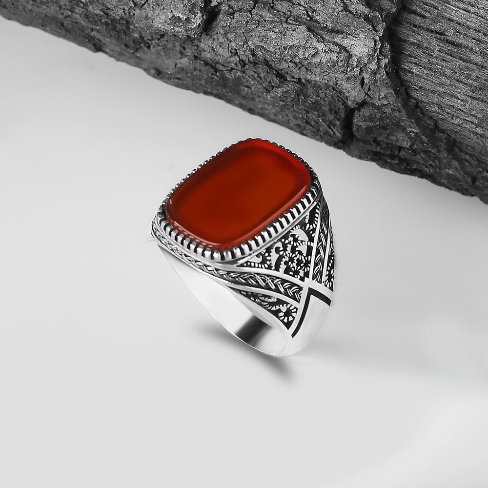 Red Agate Filigree Ring