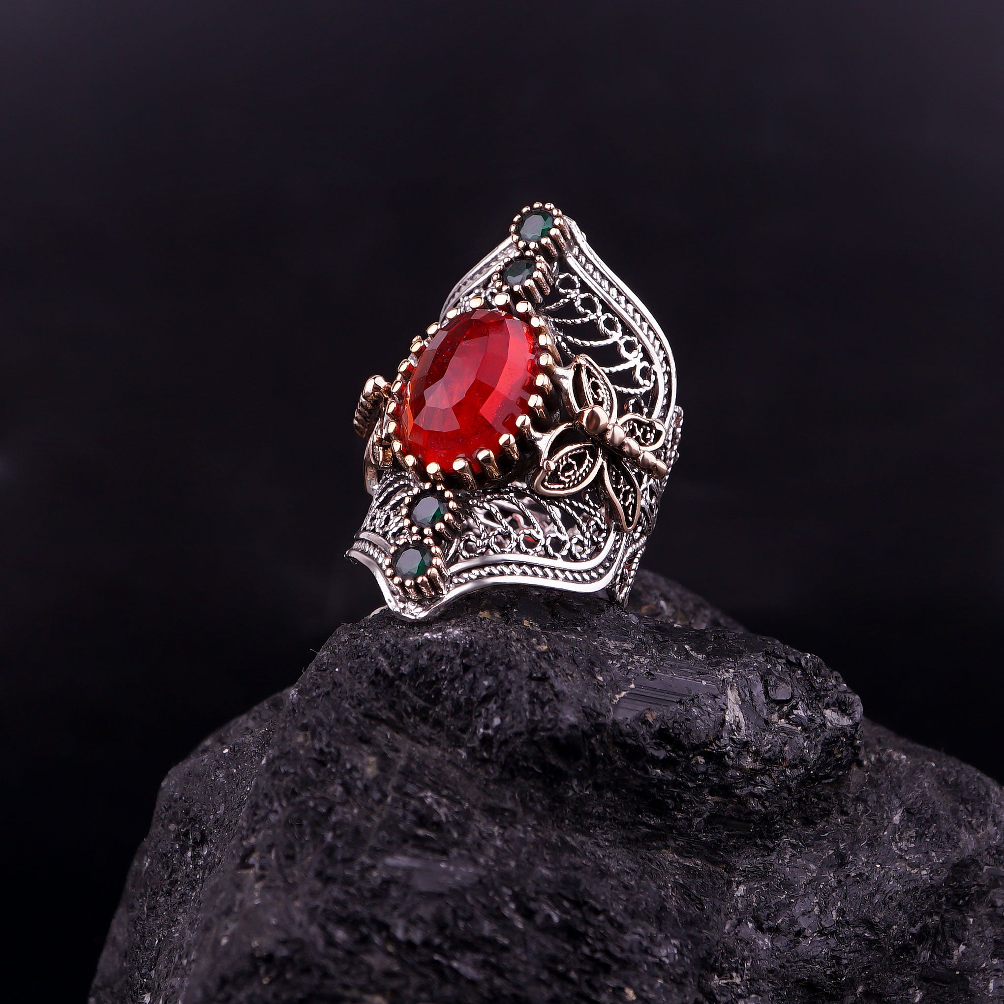 Oval Filigree Elegant Ring with Lab-Grown Garnet