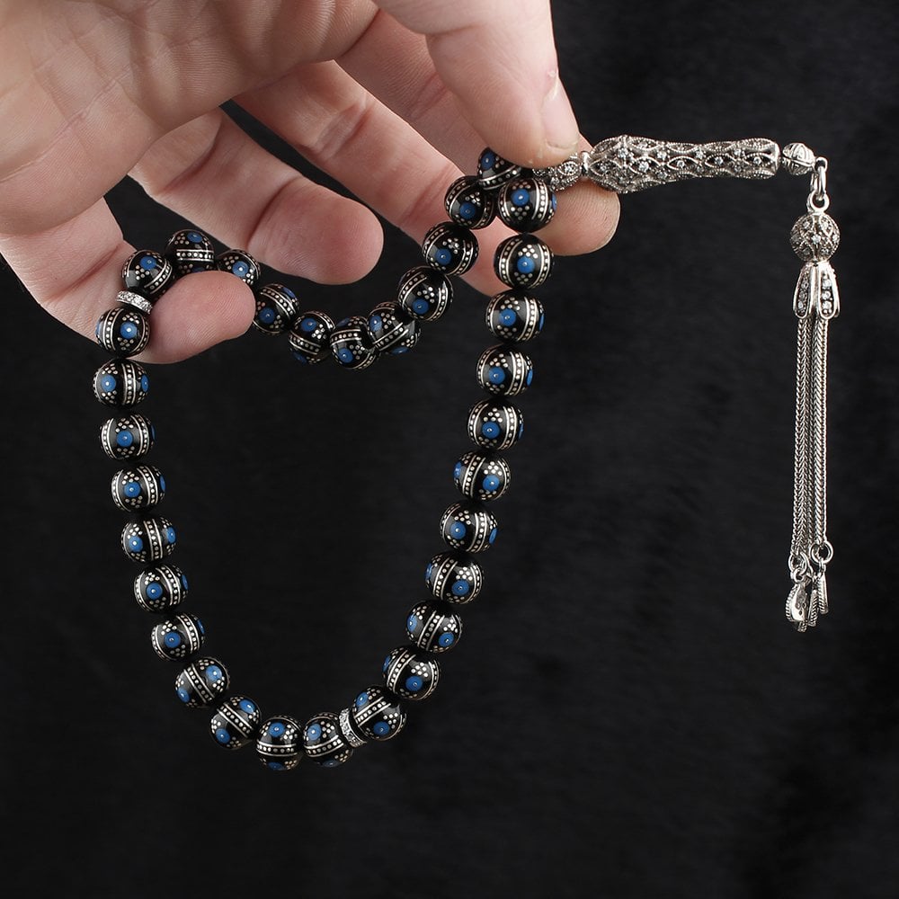 Natural Black Amber Tasbih with Enamel Artwork