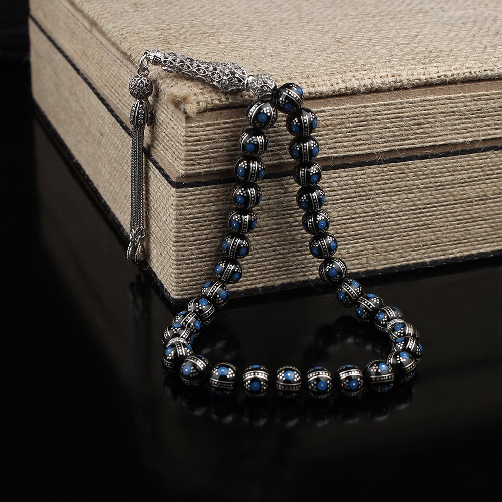 Natural Black Amber Tasbih with Enamel Artwork