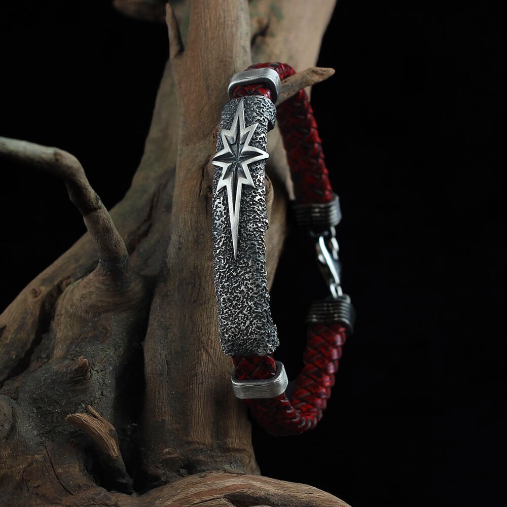 North Star Red Leather Strap Bracelet