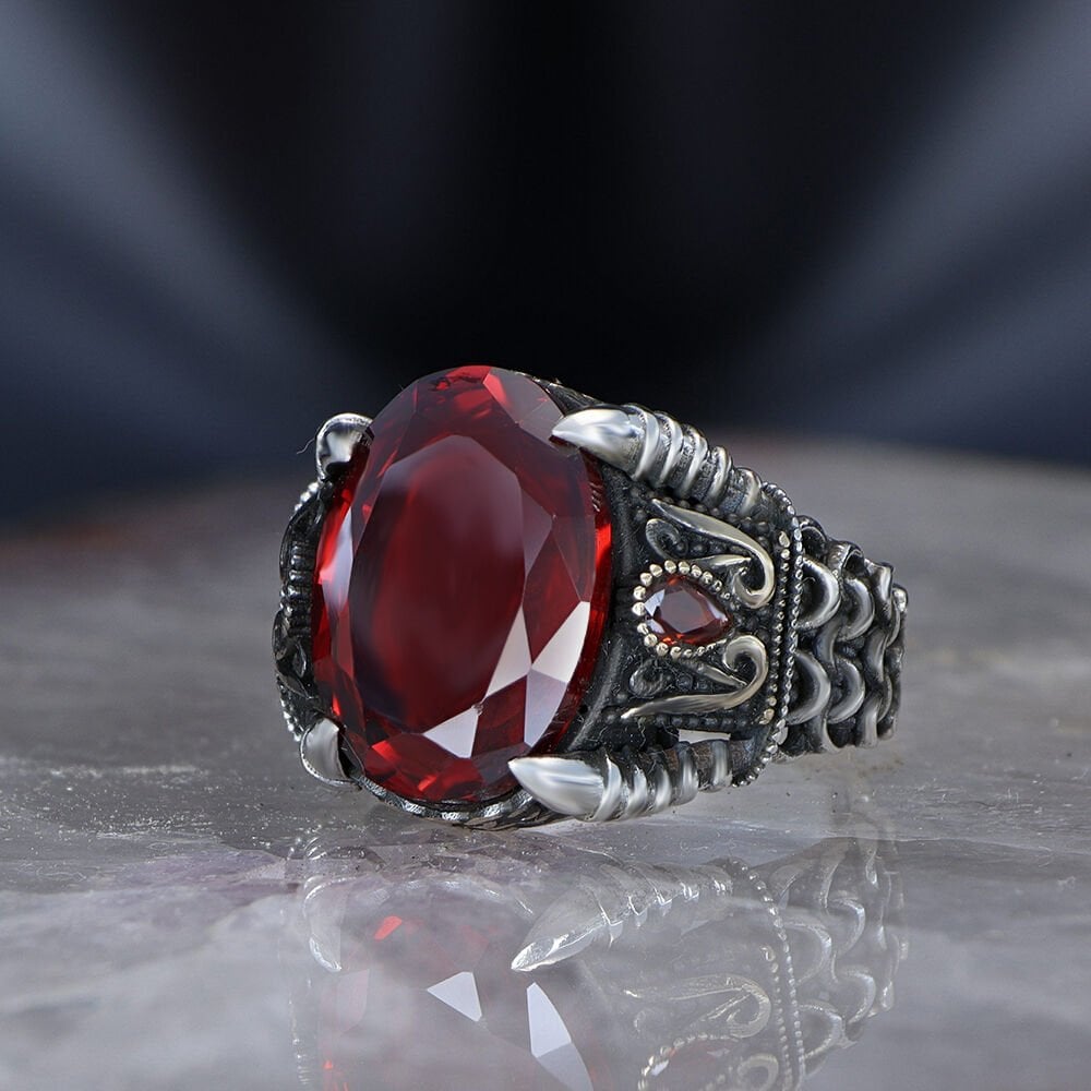 Red Stone Ring with Chain Design