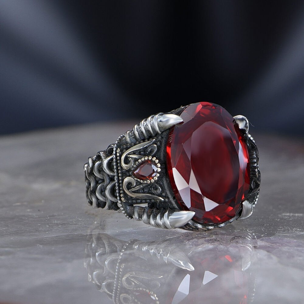 Red Stone Ring with Chain Design