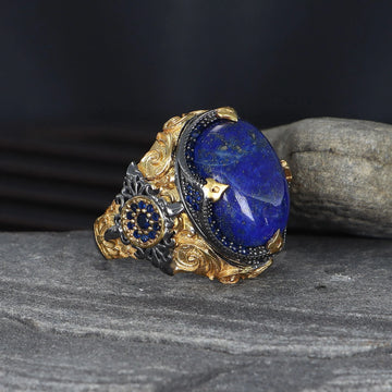 Rhodium Plated Natural Lapis Ring