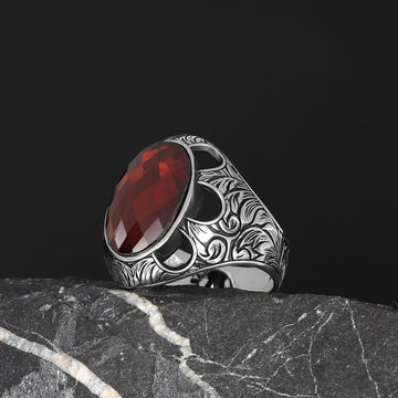 Red Stone Engraved Ring