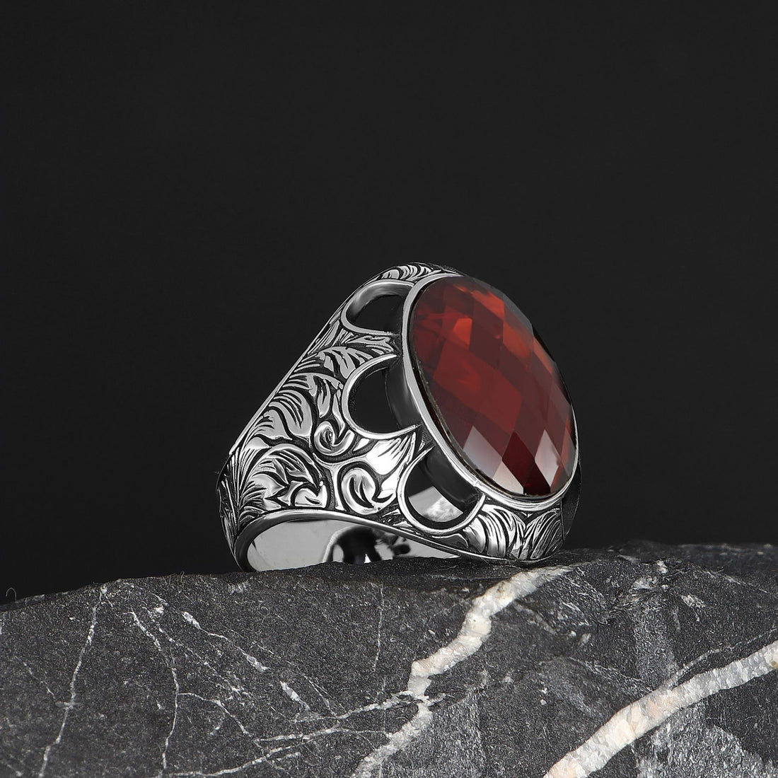 Red Stone Engraved Ring