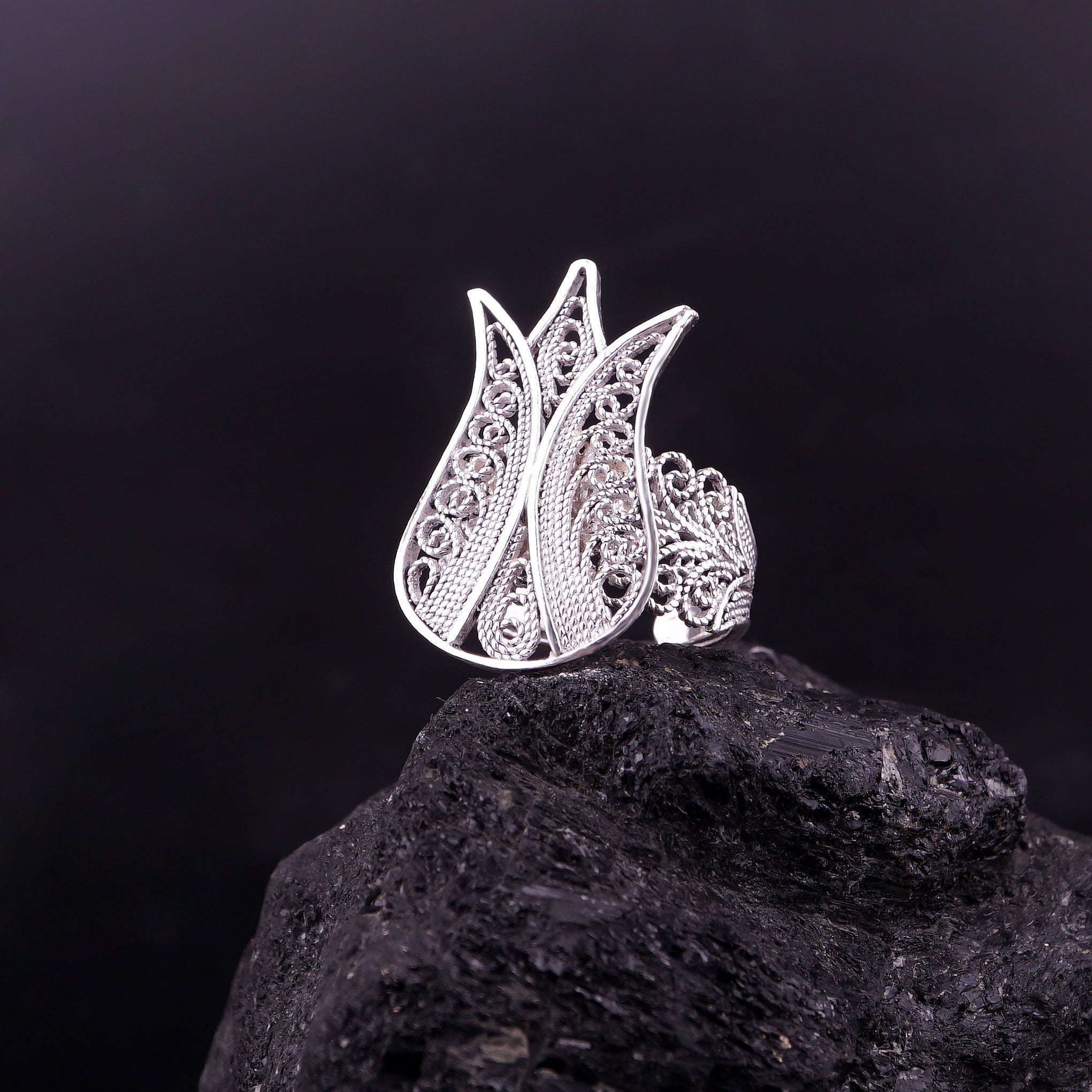 Ottoman Tulip Filigree Ring: Sterling Silver