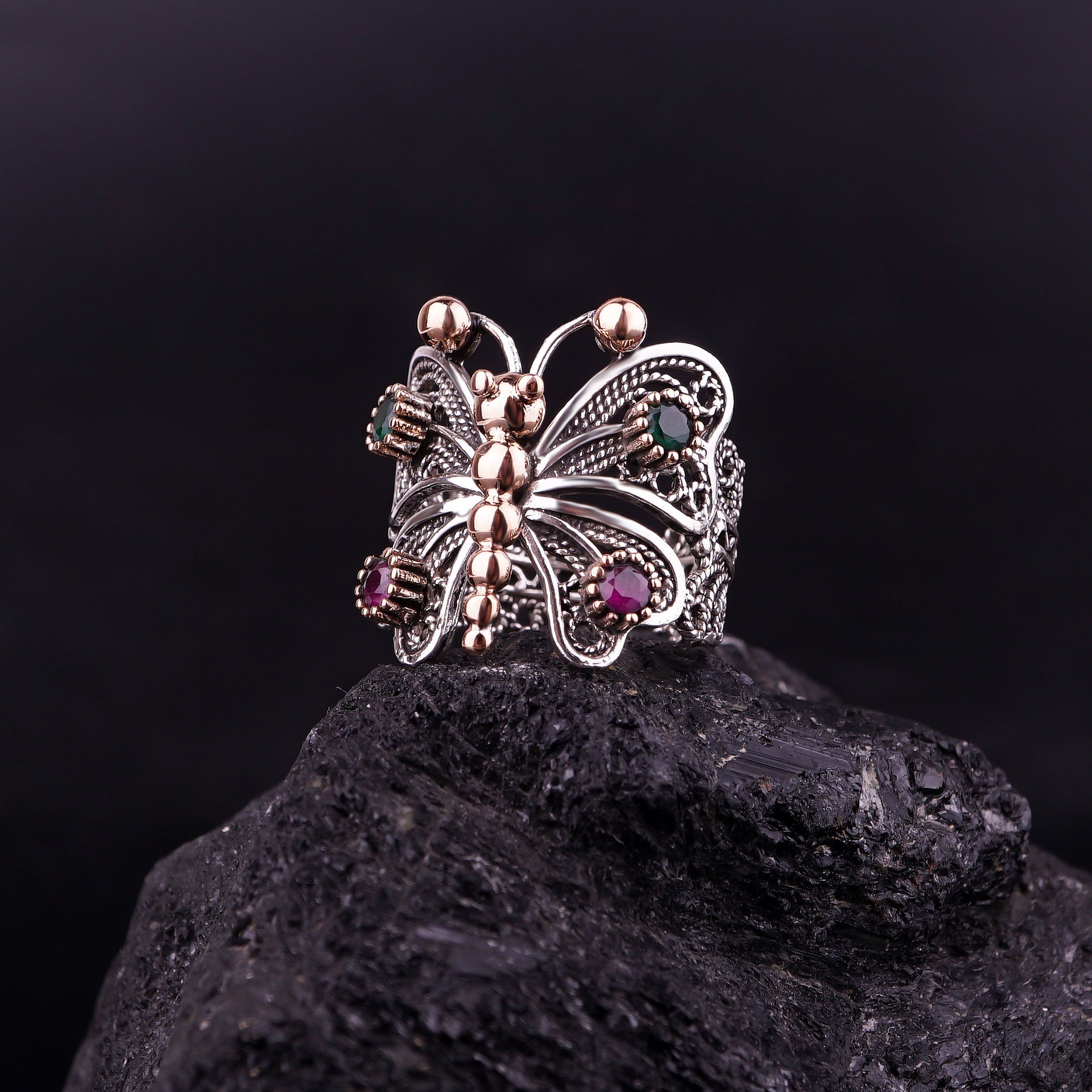 Butterfly Filigree Ring: Sterling Silver with Gemstones