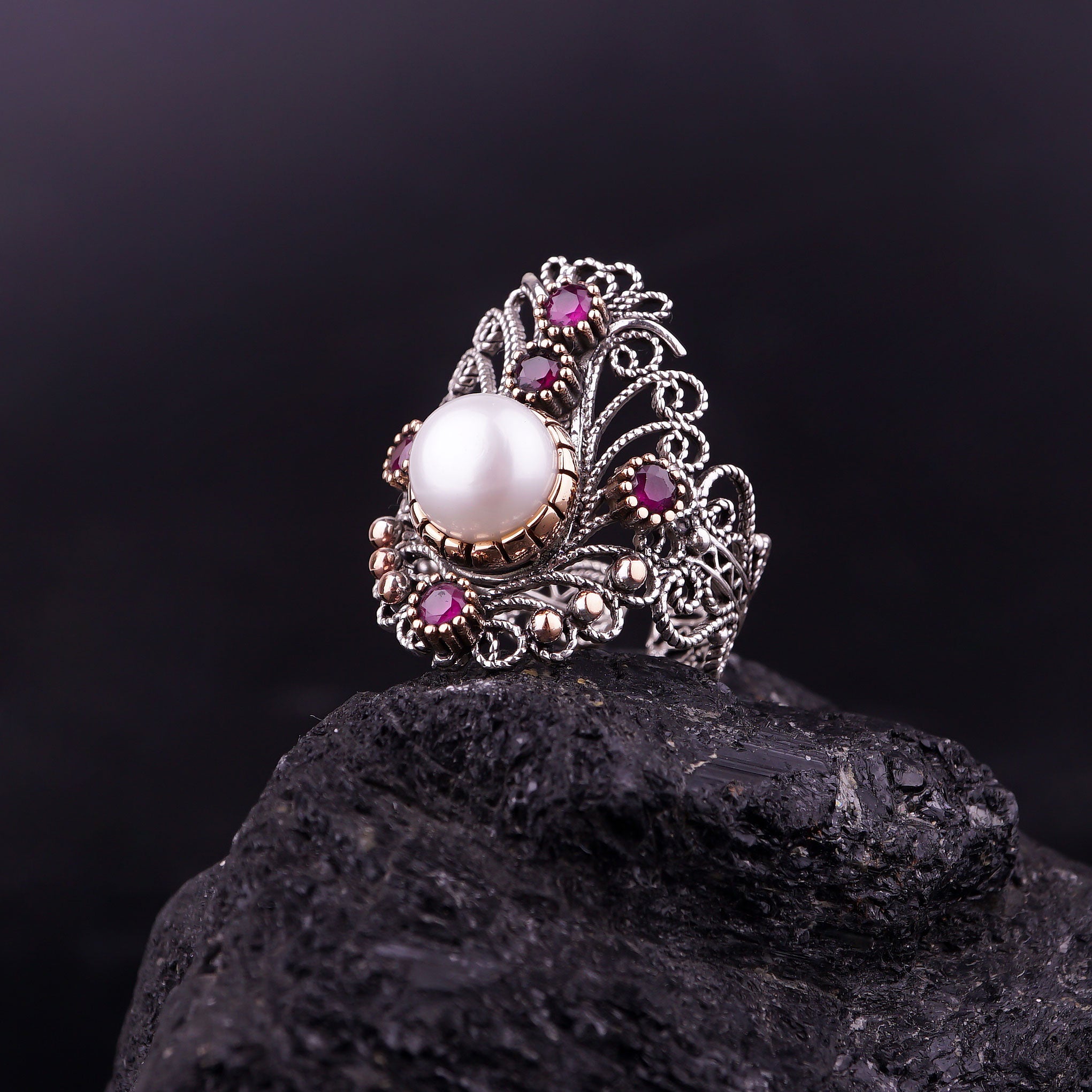 Filigree Ring Elegance with Pearl and Gemstones