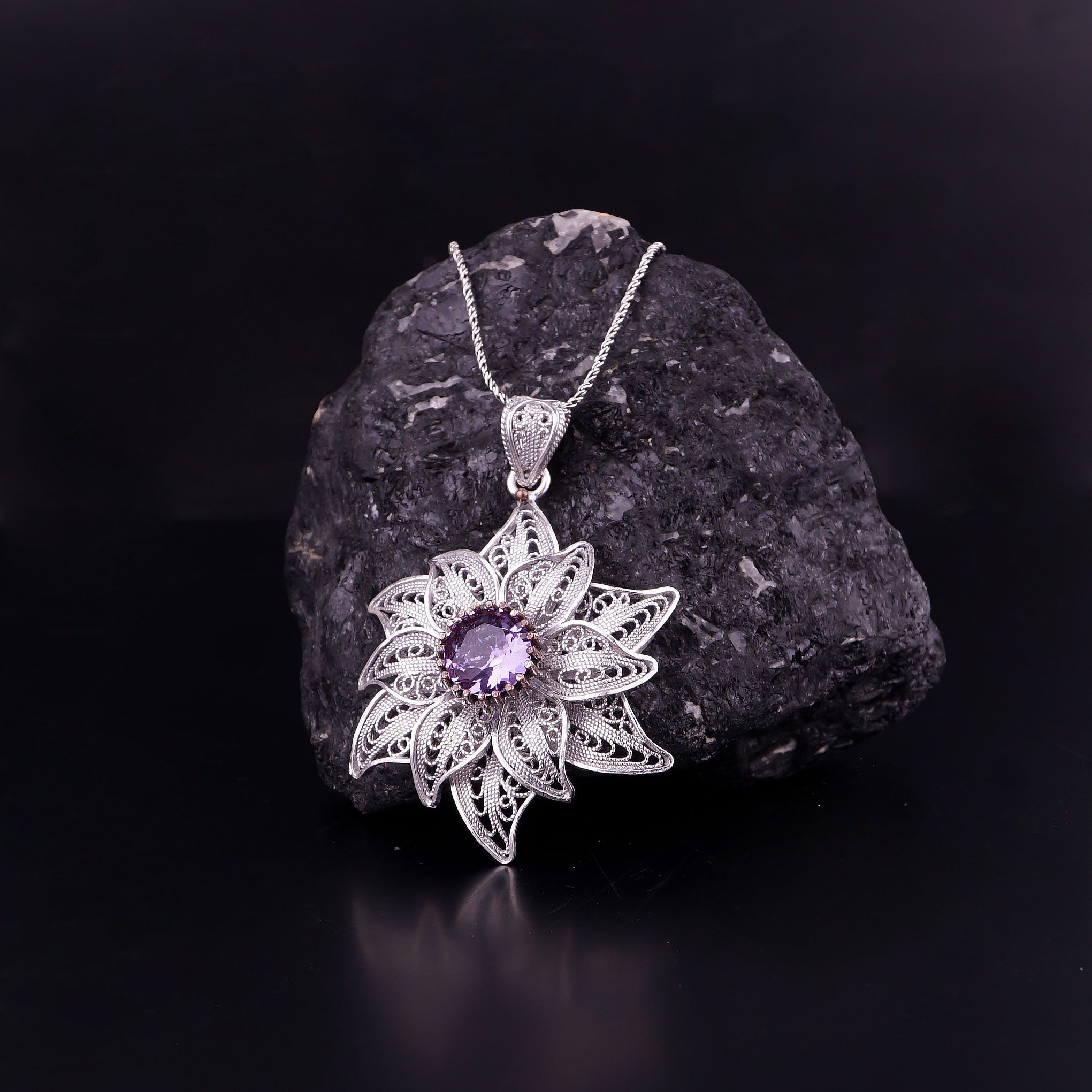 Romantic Rose Filigree Necklace with Amethyst