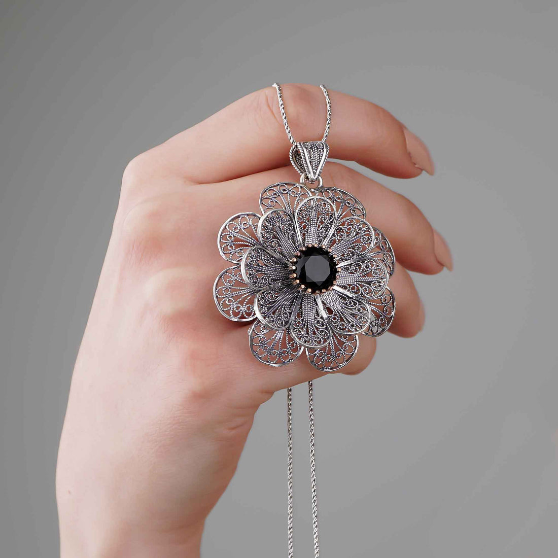 Exquisite Rose Filigree Necklace: Sterling Silver 925 with gemstone