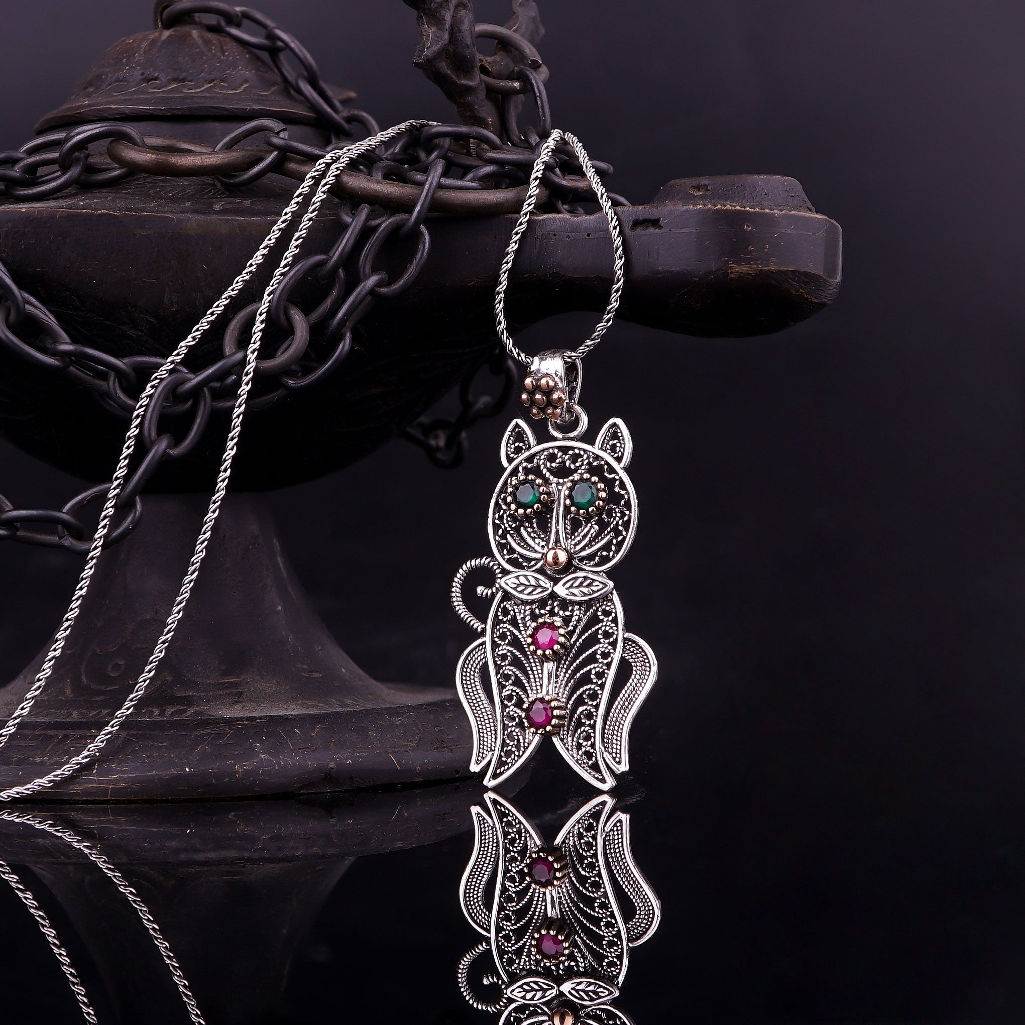 Cat Filigree Necklace: Sterling Silver with Gemstones