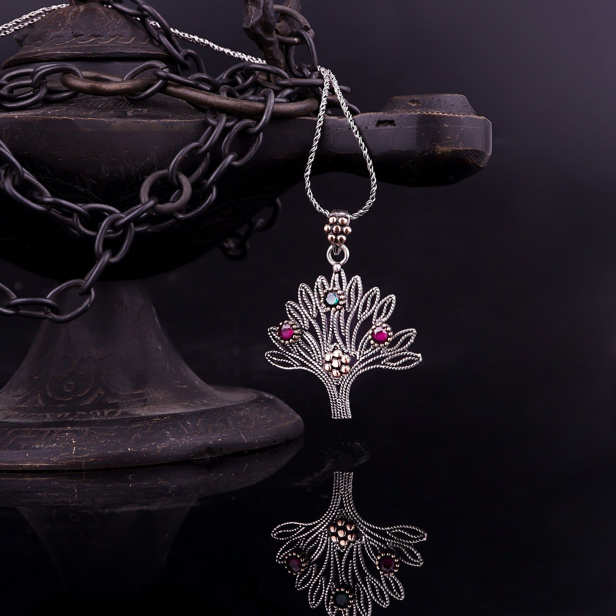 Timeless Tree Filigree Necklace: Sterling Silver with Gemstones