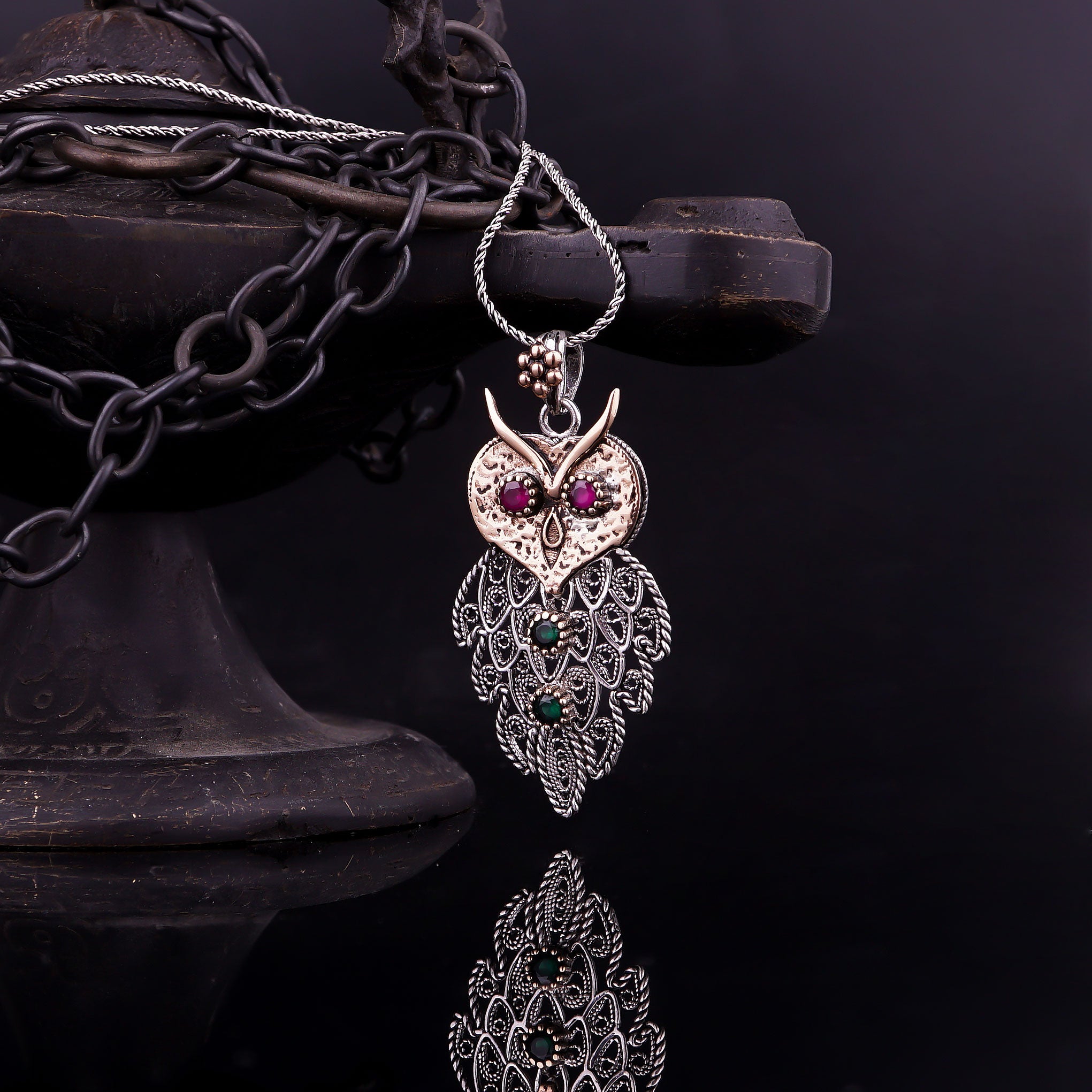 Wise Owl Filigree Necklace: Sterling Silver with Gemstones