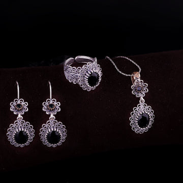 Floral Filigree Set: Sterling Silver 925 with Onyx Stones