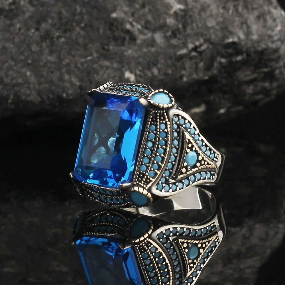 925 Sterling Silver Men's Ring with Blue Topaz Stone