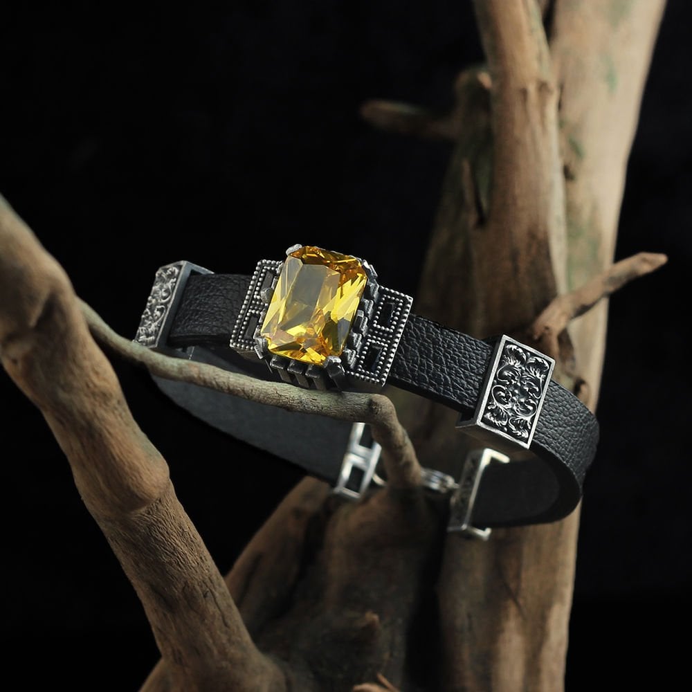 Citrine Stone Leather Bracelet