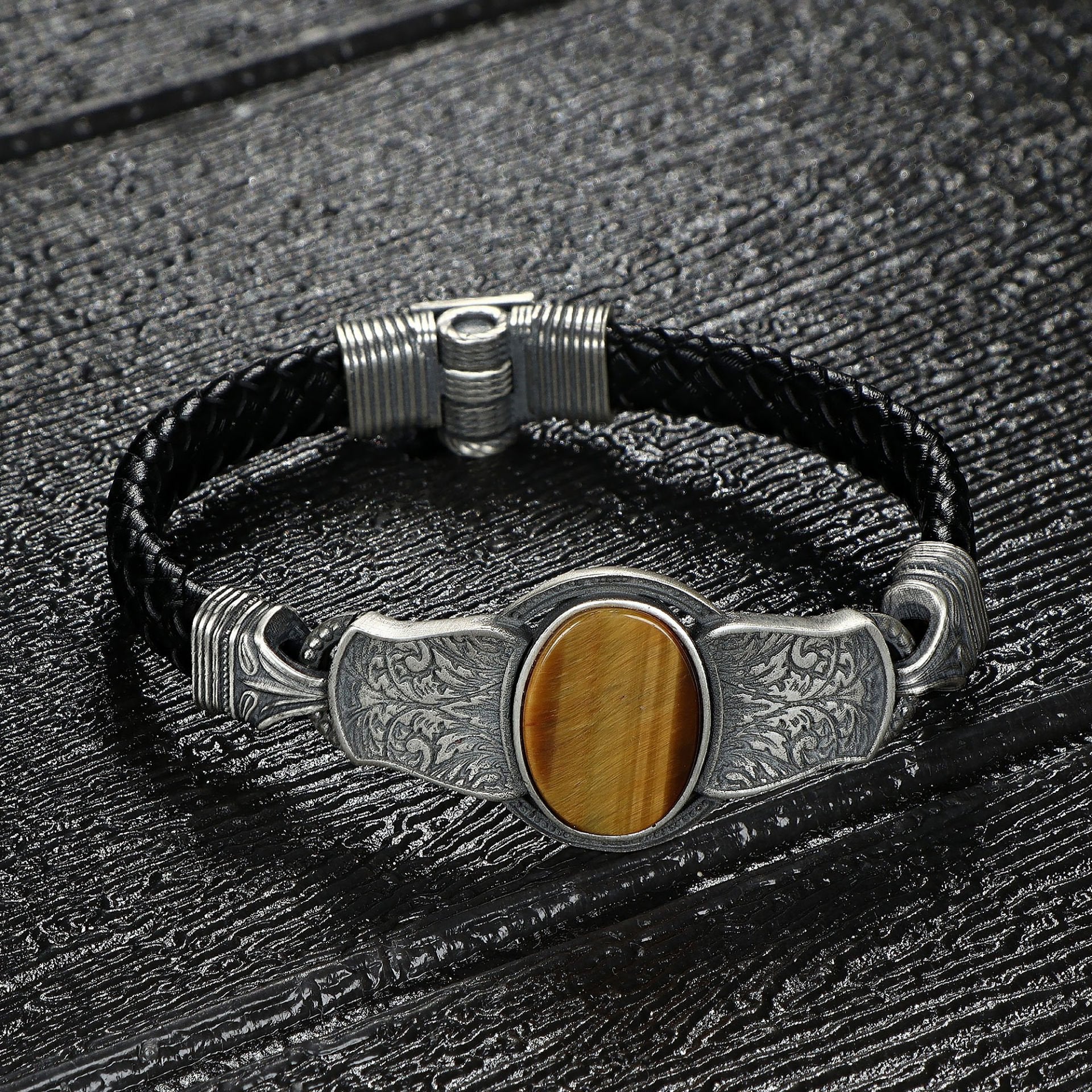 Black Leather Bracelet with Tigers Eye