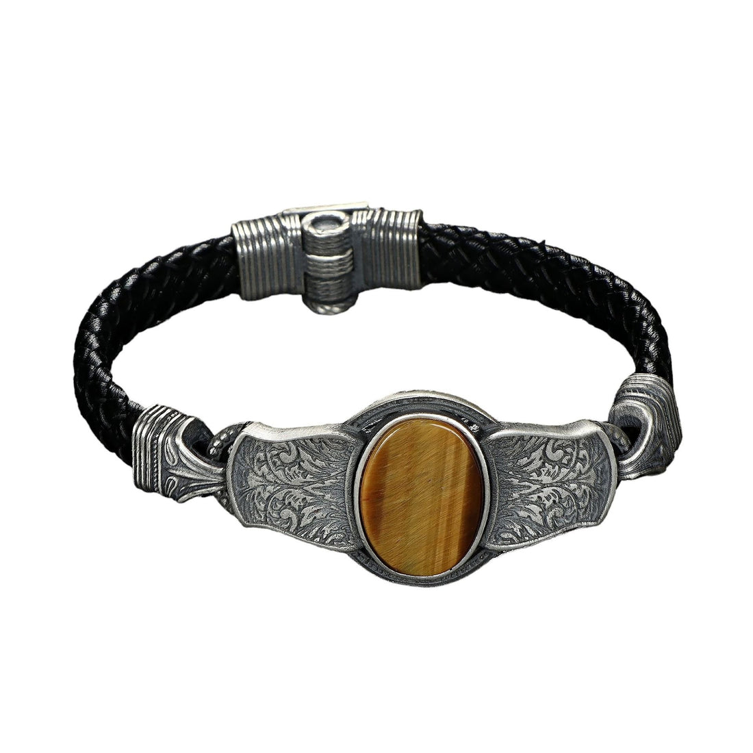 Black Leather Bracelet with Tigers Eye