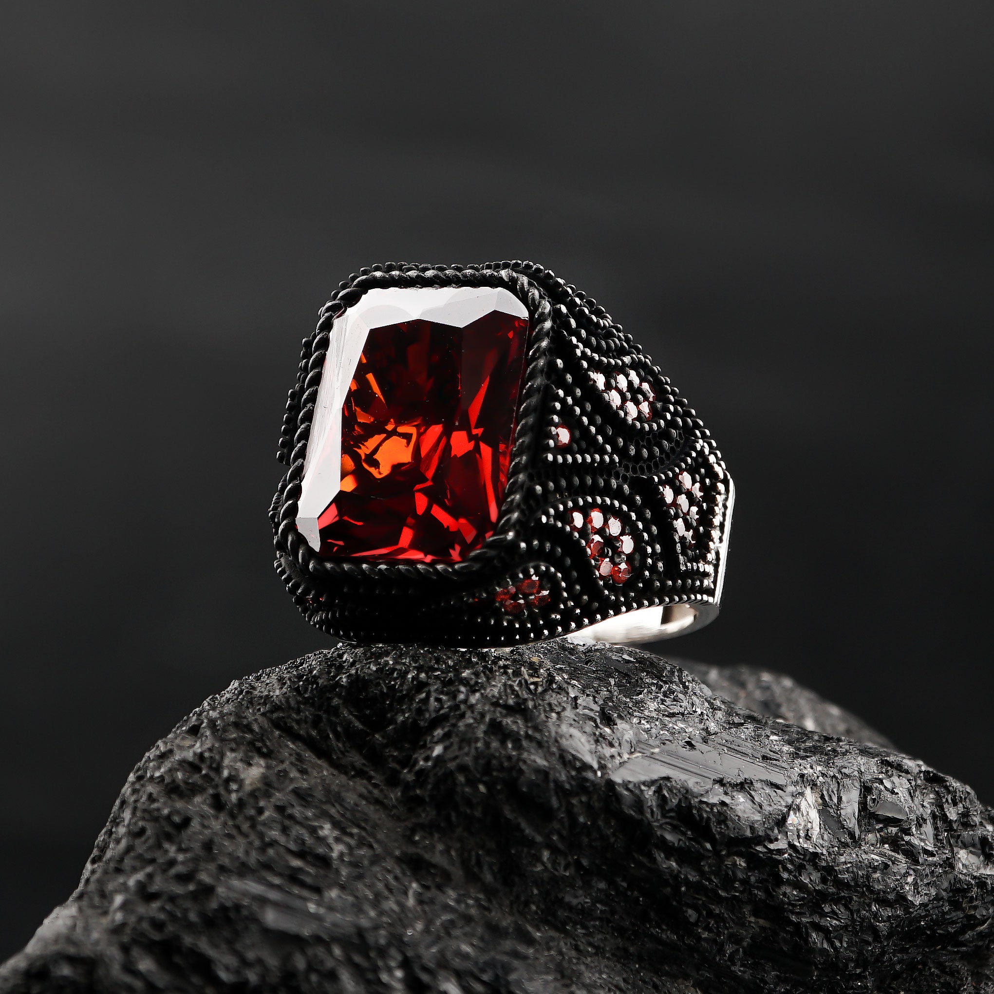 Black Ring with Garnet Stone