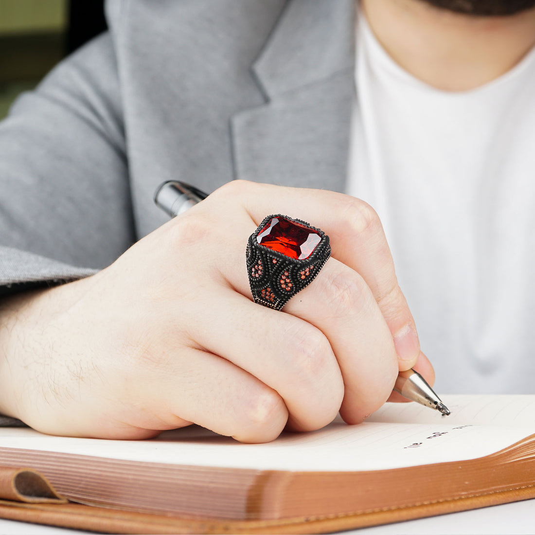 Black Ring with Garnet Stone