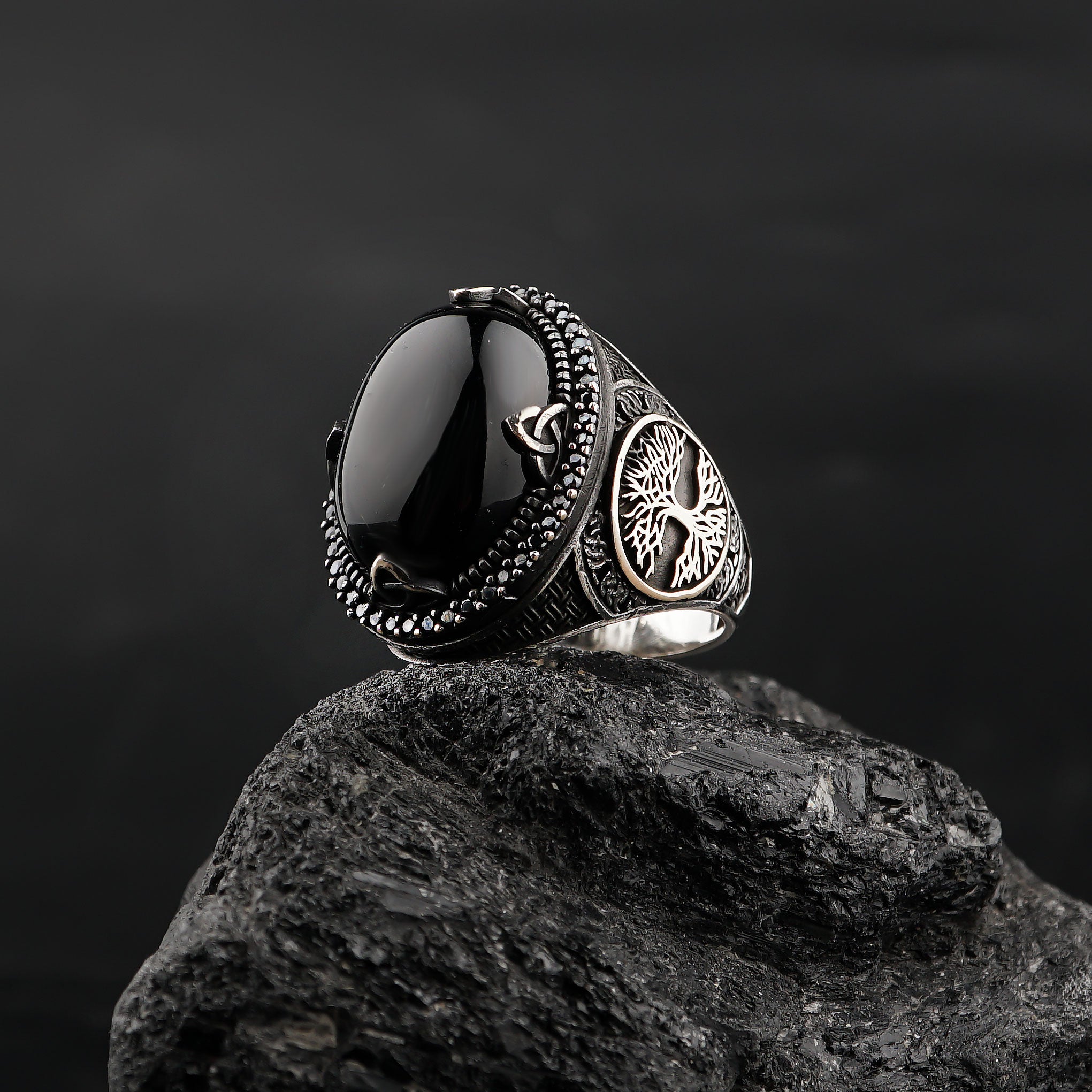 Tree of Life Celtic Ring with Onyx Stone