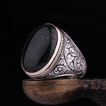 Engraved Moss Agate Ring