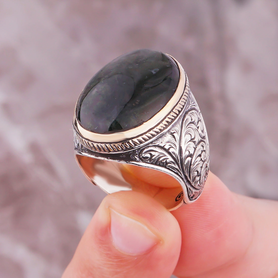 Engraved Moss Agate Ring