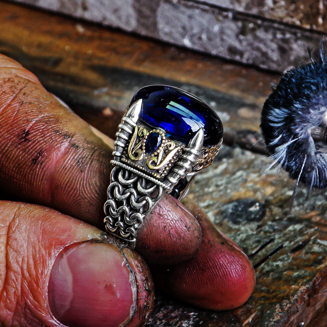 Lab Sapphire Ring with Chain Design