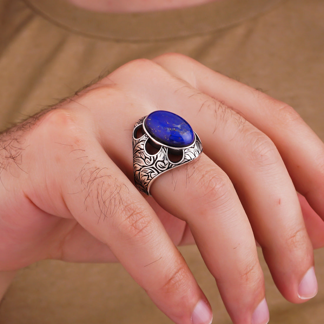 Engraved Lapis Ring for Men