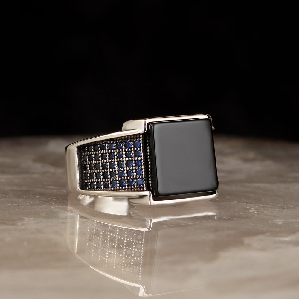 Square Onyx Ring with Sapphires