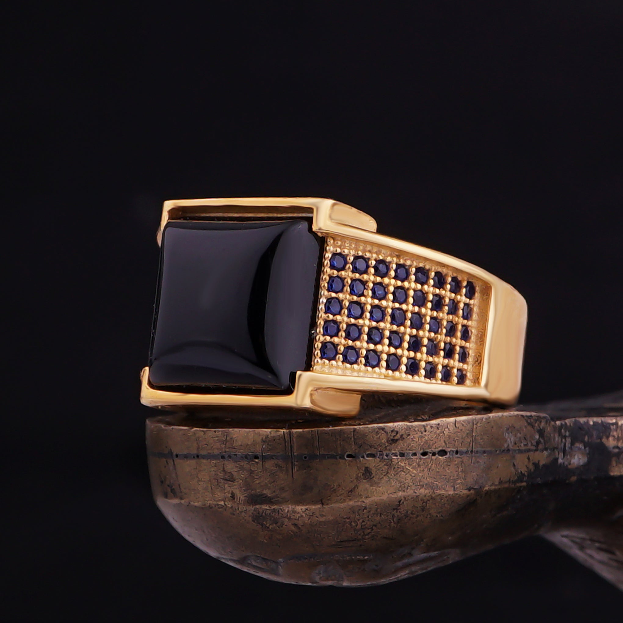 Gold-Plated Square Onyx 925 Silver Ring