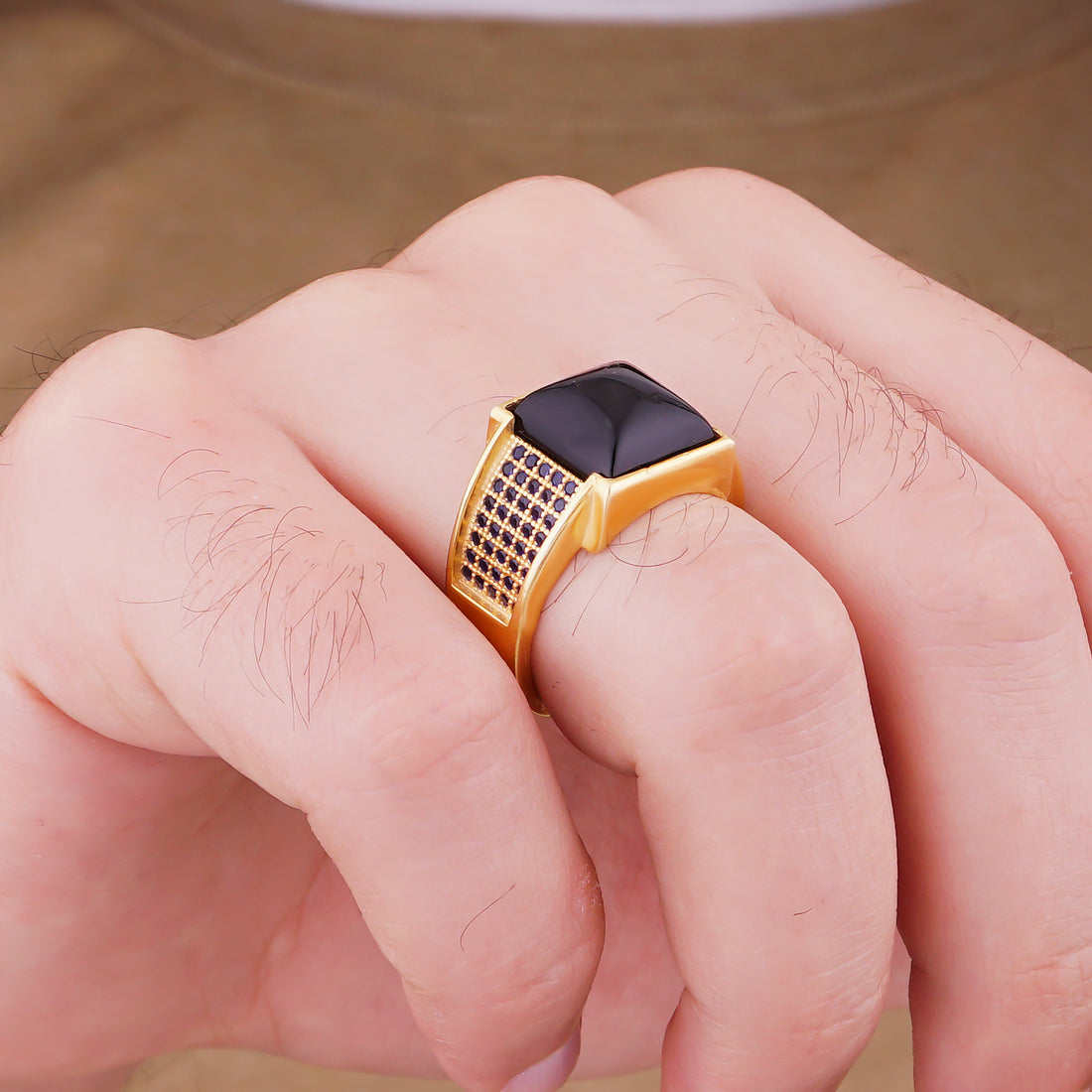 Gold-Plated Square Onyx 925 Silver Ring