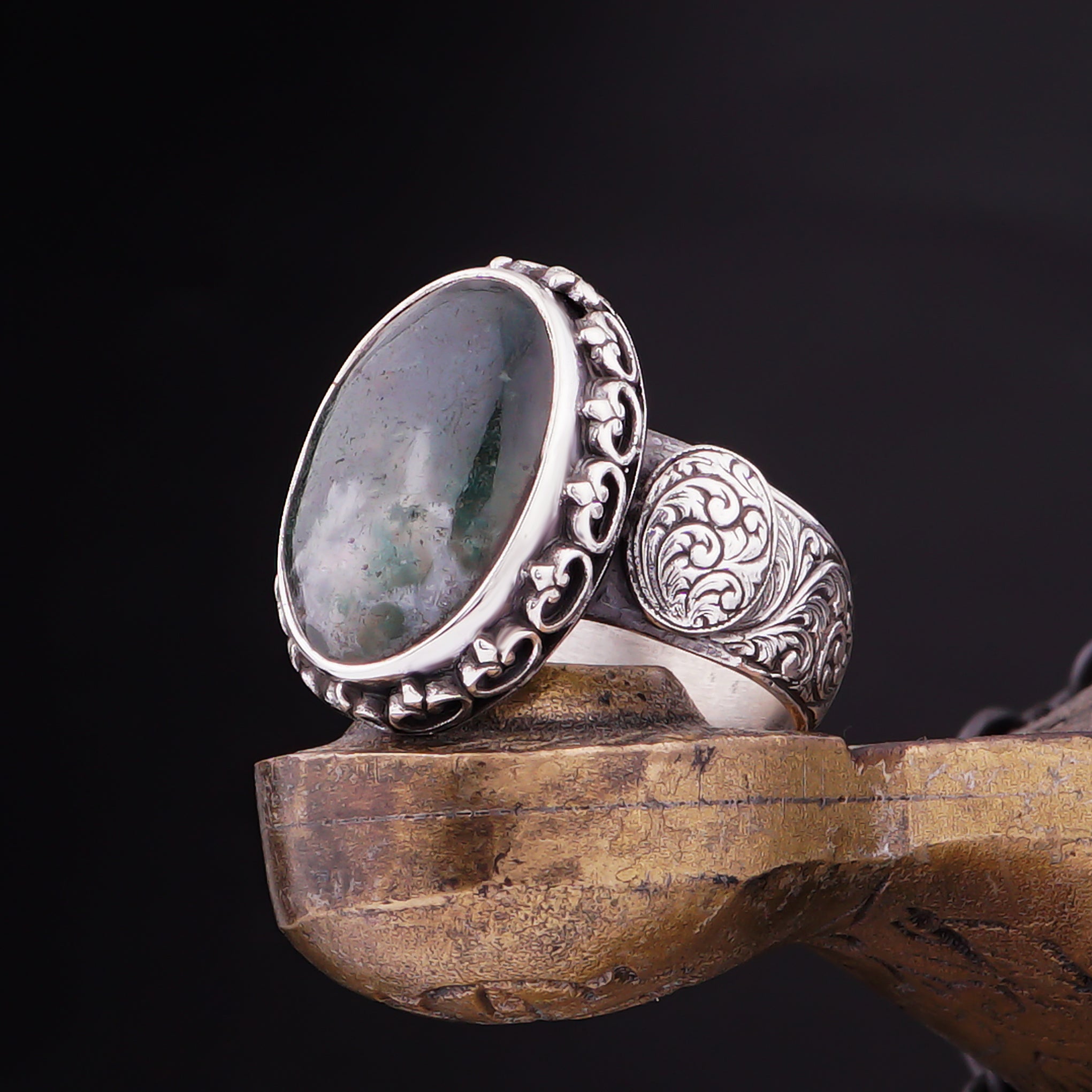 Mossy Agate Stone 925 Silver Ring