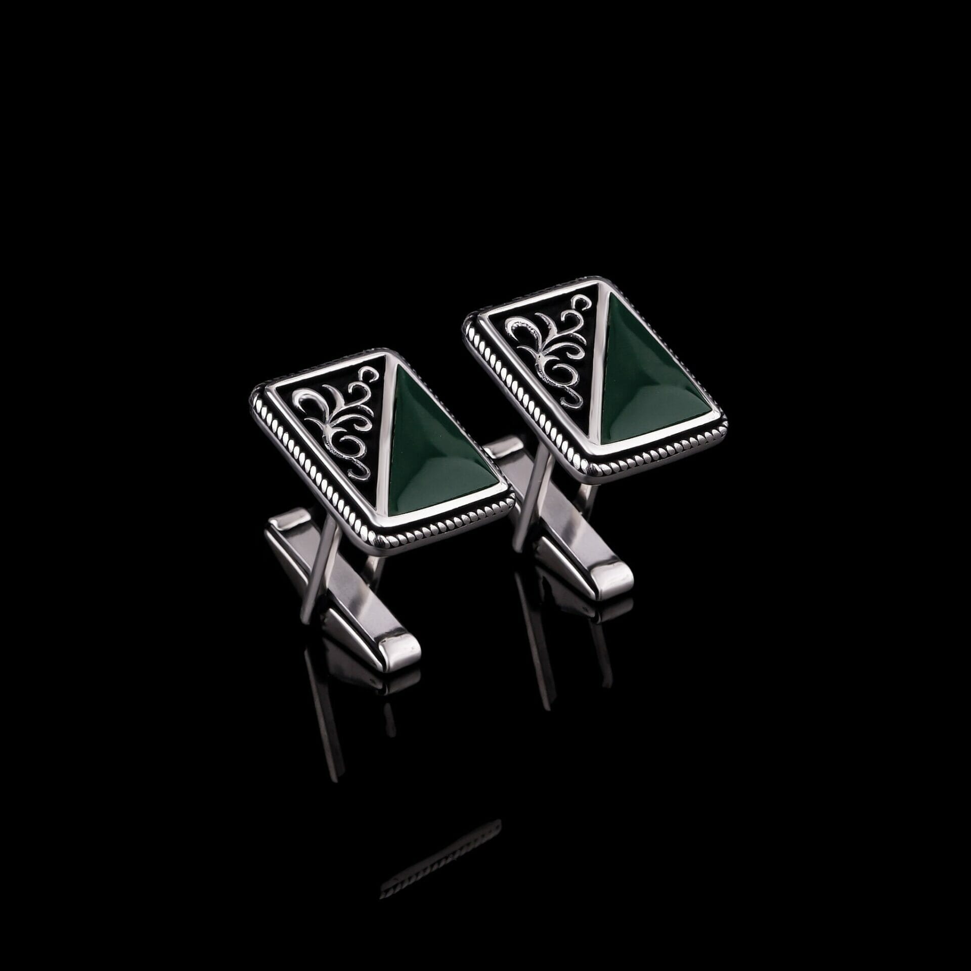 Green Agate Bullet Back Cufflinks Sterling Silver