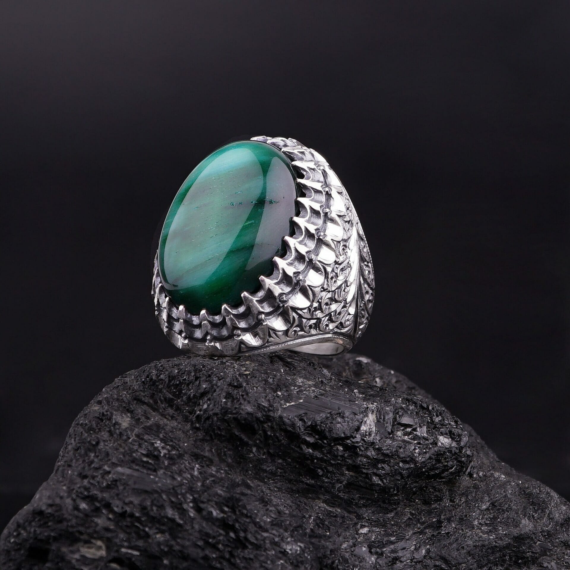 Natural Green Tigers Eye Ring 925 Silver