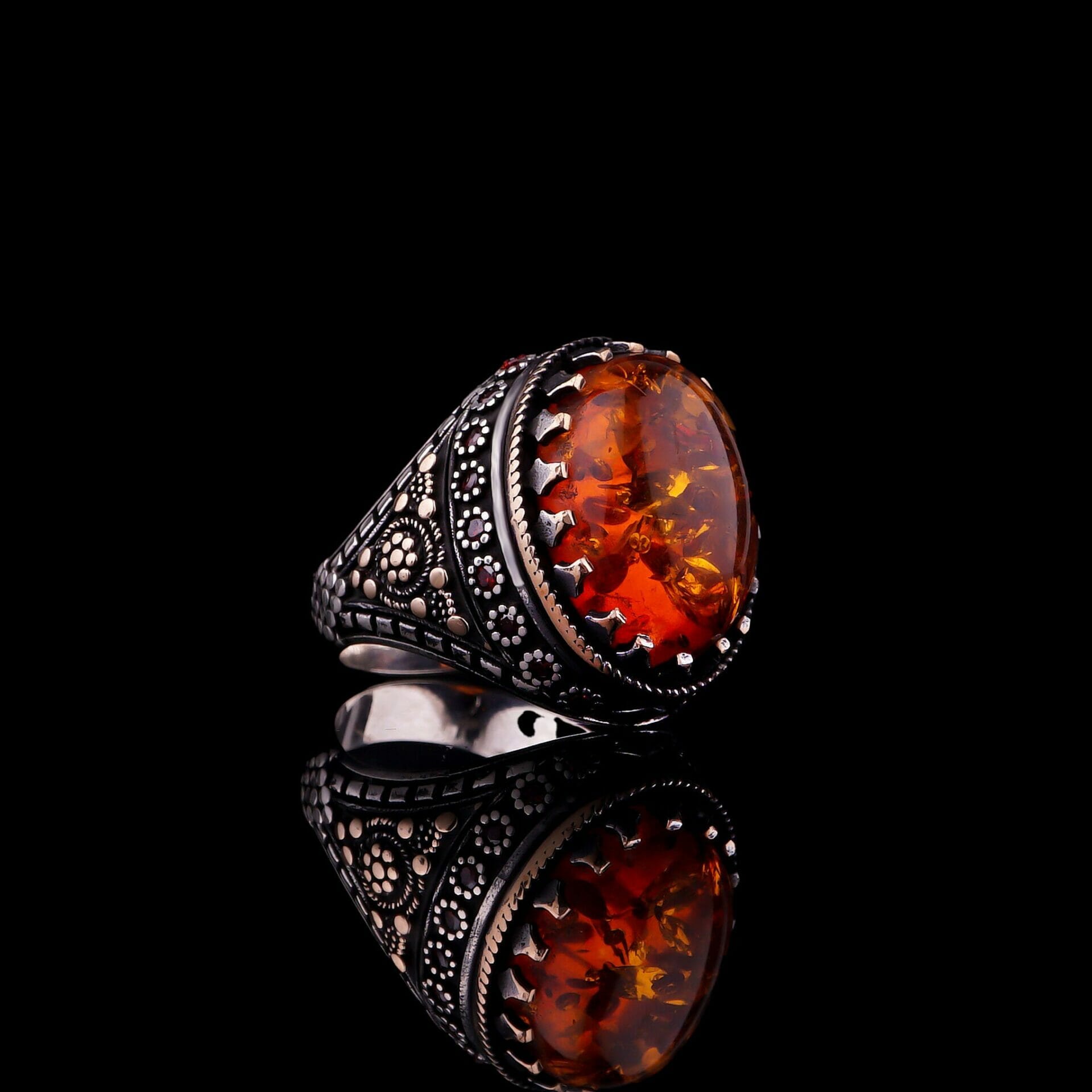 Mens Amber Ring Sterling Silver